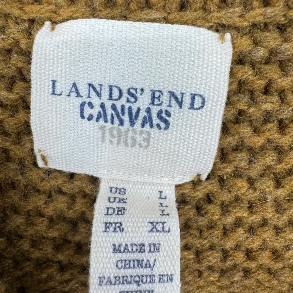 Lands End Canvas 1963 Mens Large Lambswool Shawl Collar Sweater Gold Ochre Knit